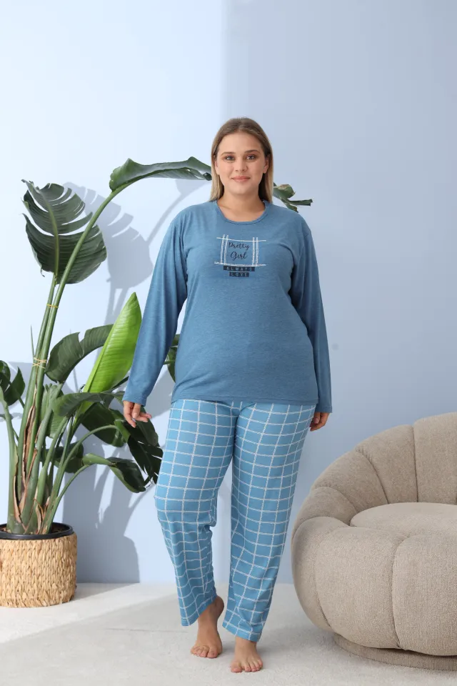 Pijama damă big size albastru închis, imprimeu Pretty Girl, 100% bumbac