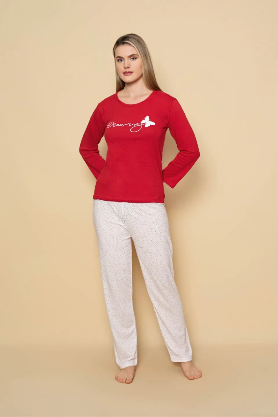 Pijama damă cu mânecă lungă și pantaloni lungi asortați, imprimeu ,,Dreaming" - 1