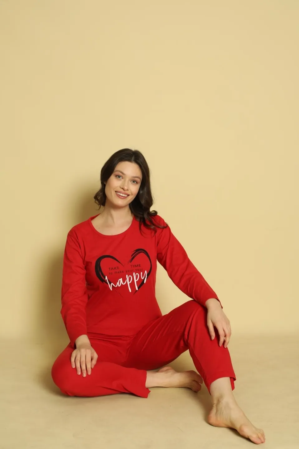 Pijama damă cu mânecă lungă și pantaloni lungi asortați, imprimeu ,,Happy" - 3