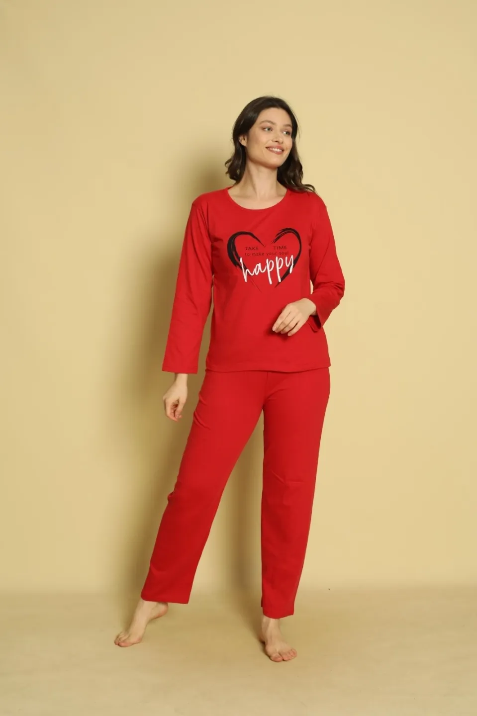 Pijama damă cu mânecă lungă și pantaloni lungi asortați, imprimeu ,,Happy" - 1