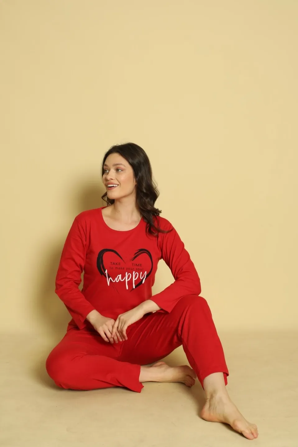 Pijama damă cu mânecă lungă și pantaloni lungi asortați, imprimeu ,,Happy" - 2
