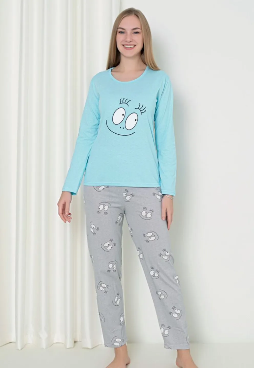 Pijama damă  cu mânecă lungă și pantaloni lungi, imprimeu ,,Happy Face'', culoare albastru - 1