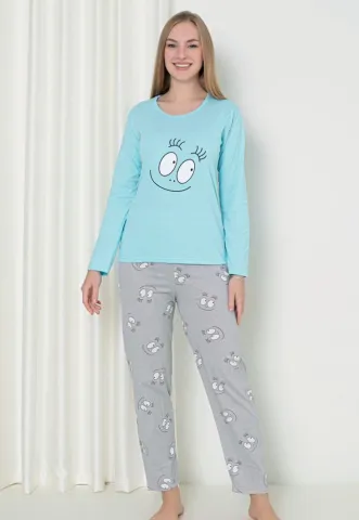 Pijama damă  cu mânecă lungă și pantaloni lungi, imprimeu ,,Happy Face'', culoare albastru