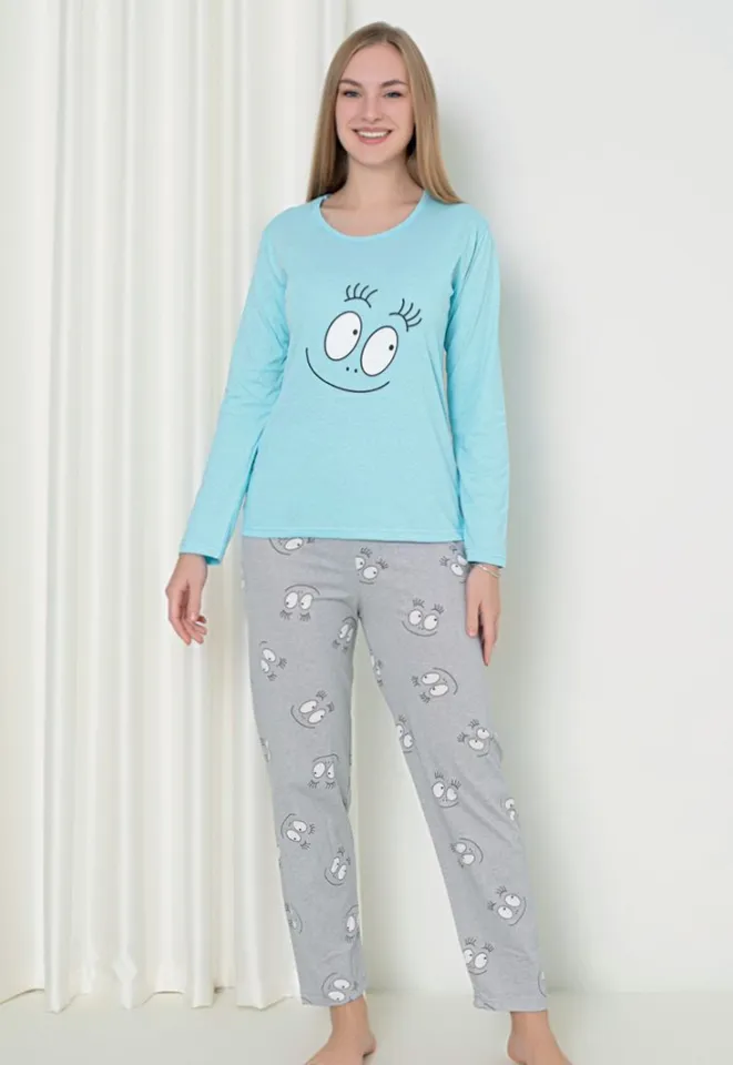 Pijama damă  cu mânecă lungă și pantaloni lungi, imprimeu ,,Happy Face'', culoare albastru