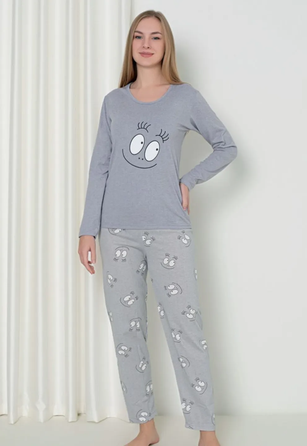 Pijama damă cu mânecă lungă și pantaloni lungi, imprimeu ,,Happy Face'', culoare gri - 1