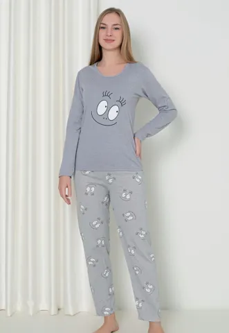 Pijama damă cu mânecă lungă și pantaloni lungi, imprimeu ,,Happy Face'', culoare gri