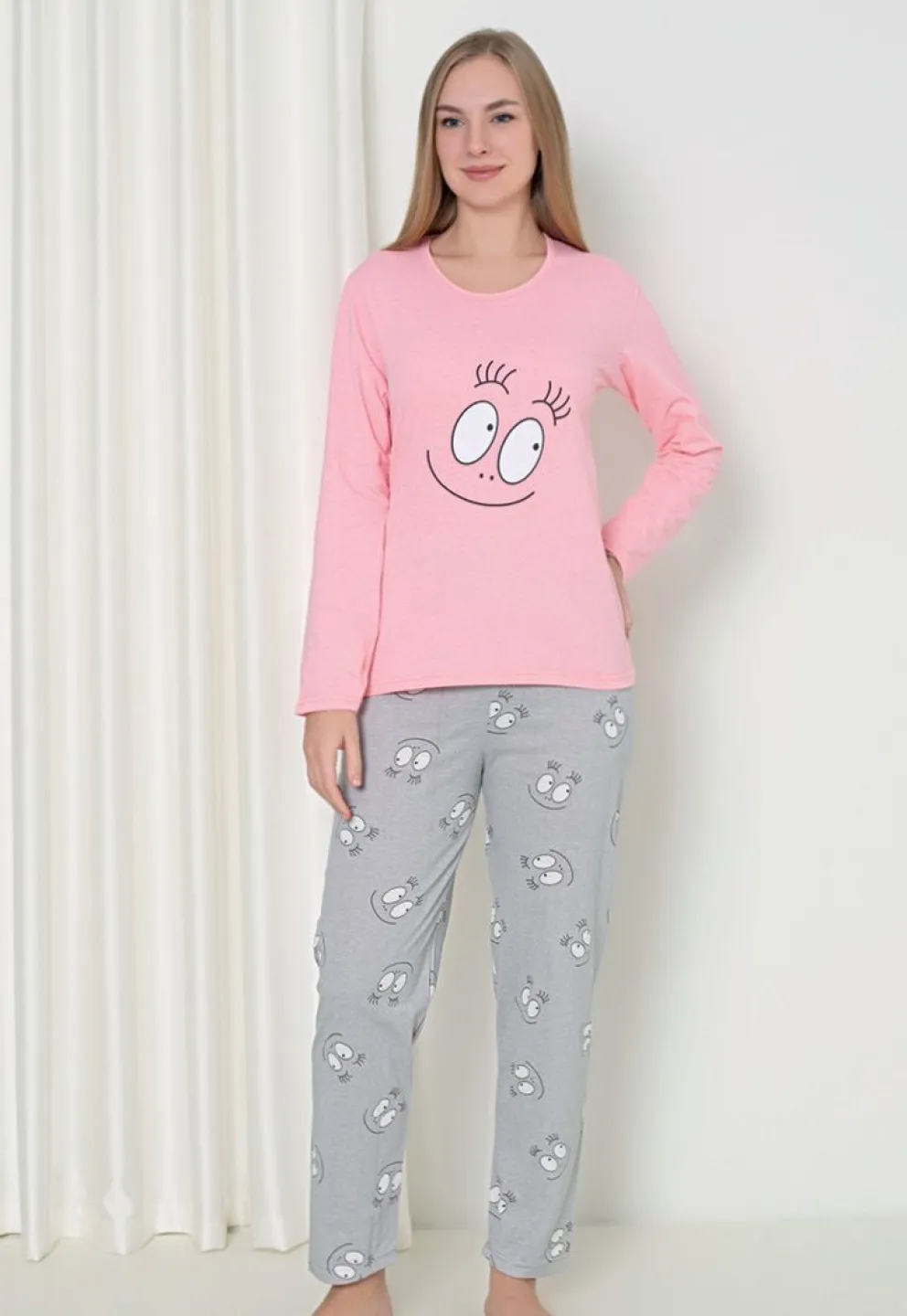 Pijama damă cu mânecă lungă și pantaloni lungi, imprimeu ,,Happy Face'', culoare roz - 1