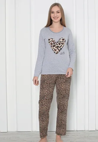 Pijama damă  cu mânecă lungă și pantaloni lungi, imprimeu inimă, culoare gri
