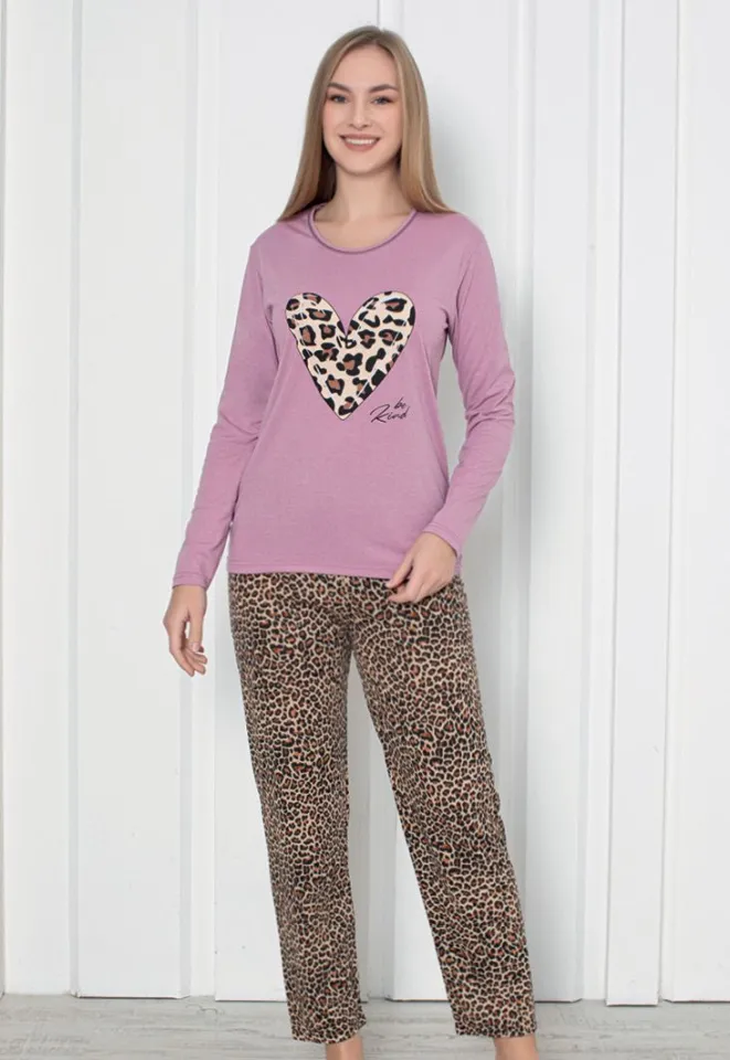 Pijama damă cu mânecă lungă și pantaloni lungi, imprimeu inimă, culoare mov