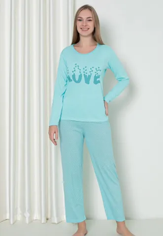 Pijama damă cu mânecă lungă și pantaloni lungi, imprimeu ,,Love'', culoare albastru