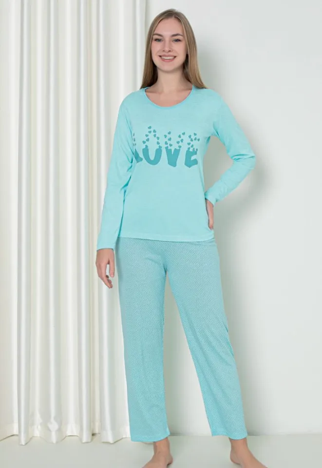 Pijama damă cu mânecă lungă și pantaloni lungi, imprimeu ,,Love'', culoare albastru