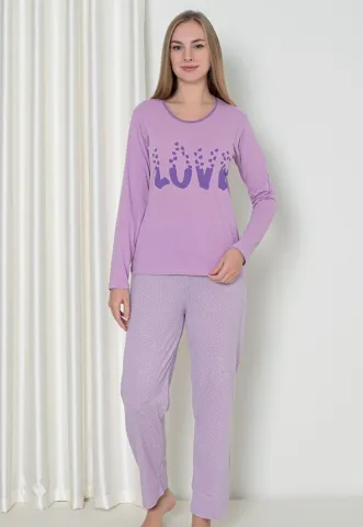 Pijama damă cu mânecă lungă și pantaloni lungi, imprimeu ,,Love'', culoare mov