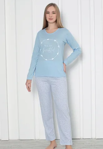 Pijama damă cu mânecă lungă și pantaloni lungi, imprimeu ,,You Are Beautiful'', culoare albastru