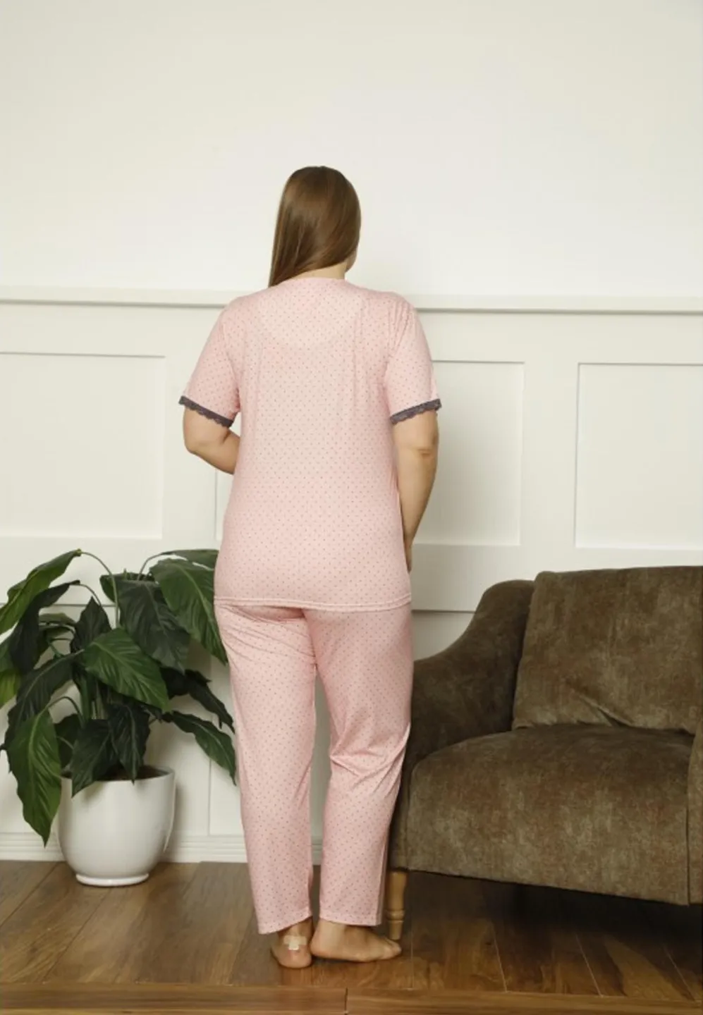 Pijamale damă Big Size, mânecă scurtă, pantaloni lungi, culoare roz, imprimeu buline - 2