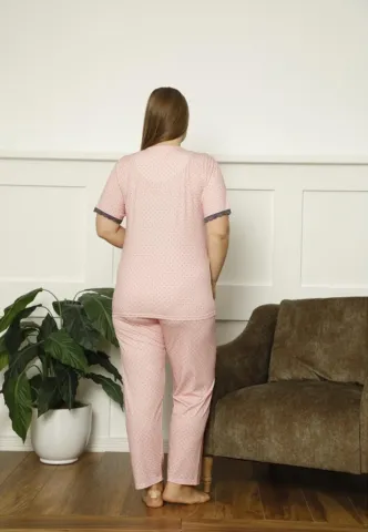 Pijamale damă Big Size, mânecă scurtă, pantaloni lungi, culoare roz, imprimeu buline hover
