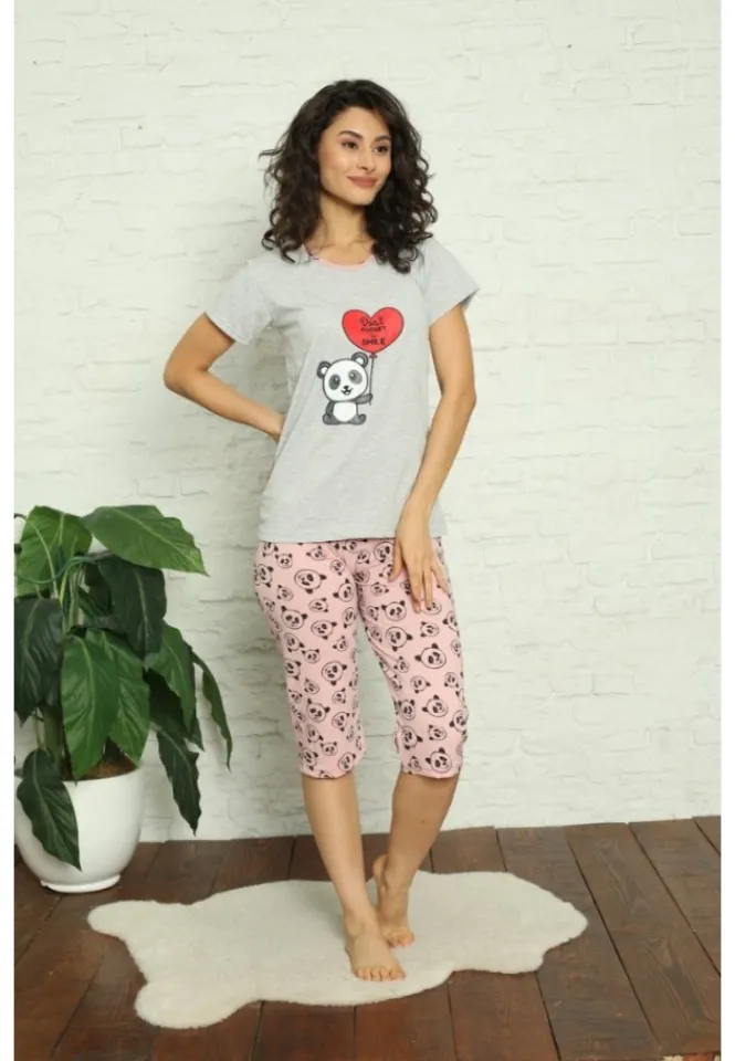 Pijama dama din bumbac cu imprimeu "Don’t forget to smile", maneca scurta si pantaloni 3/4, gri