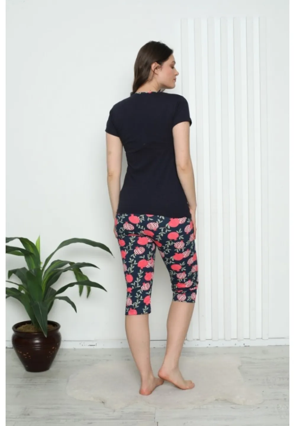 Pijama dama din bumbac cu imprimeu "Inima", maneca scurta si pantaloni 3/4, negru - 2