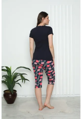 Pijama dama din bumbac cu imprimeu "Inima", maneca scurta si pantaloni 3/4, negru hover