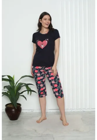 Pijama dama din bumbac cu imprimeu "Inima", maneca scurta si pantaloni 3/4, negru