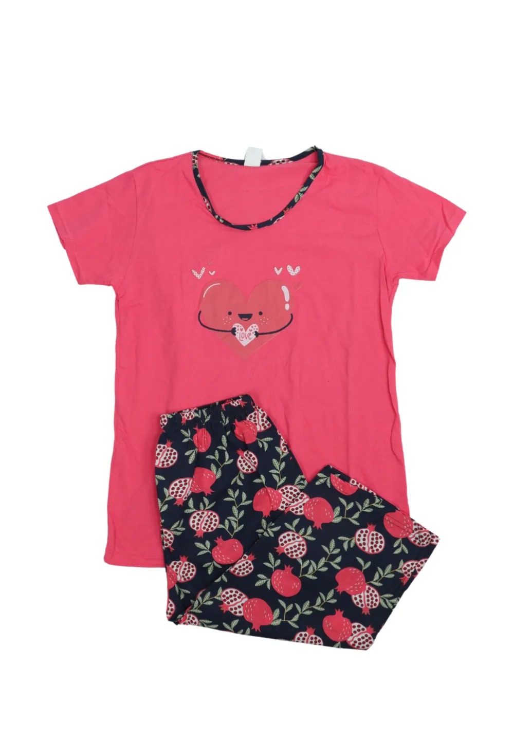 Pijama dama din bumbac cu imprimeu "Inima", maneca scurta si pantaloni 3/4, roz - 1