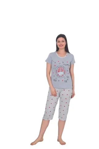 Pijama dama din bumbac cu imprimeu "Pretty Rabbit", maneca scurta si pantaloni 3/4, gri