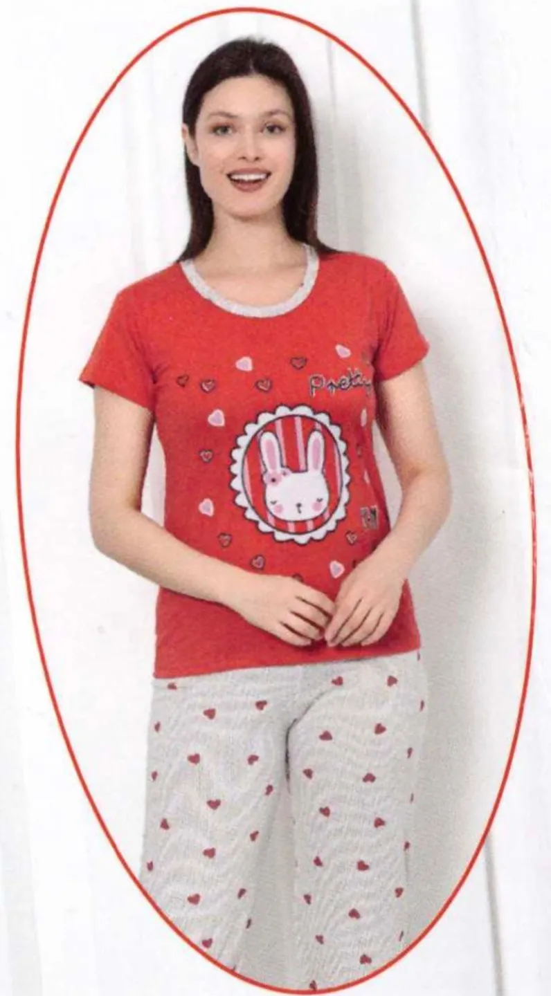 Pijama dama din bumbac cu imprimeu "Pretty Rabbit", maneca scurta si pantaloni 3/4, rosu - 1