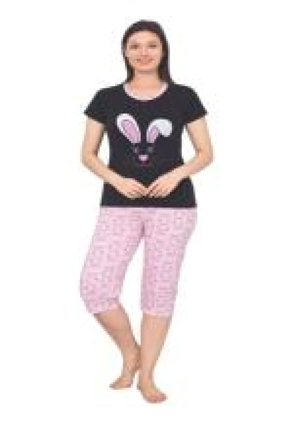 Pijama dama din bumbac, imprimeu capsuni, maneca iepure si pantaloni 3/4, negru - 1
