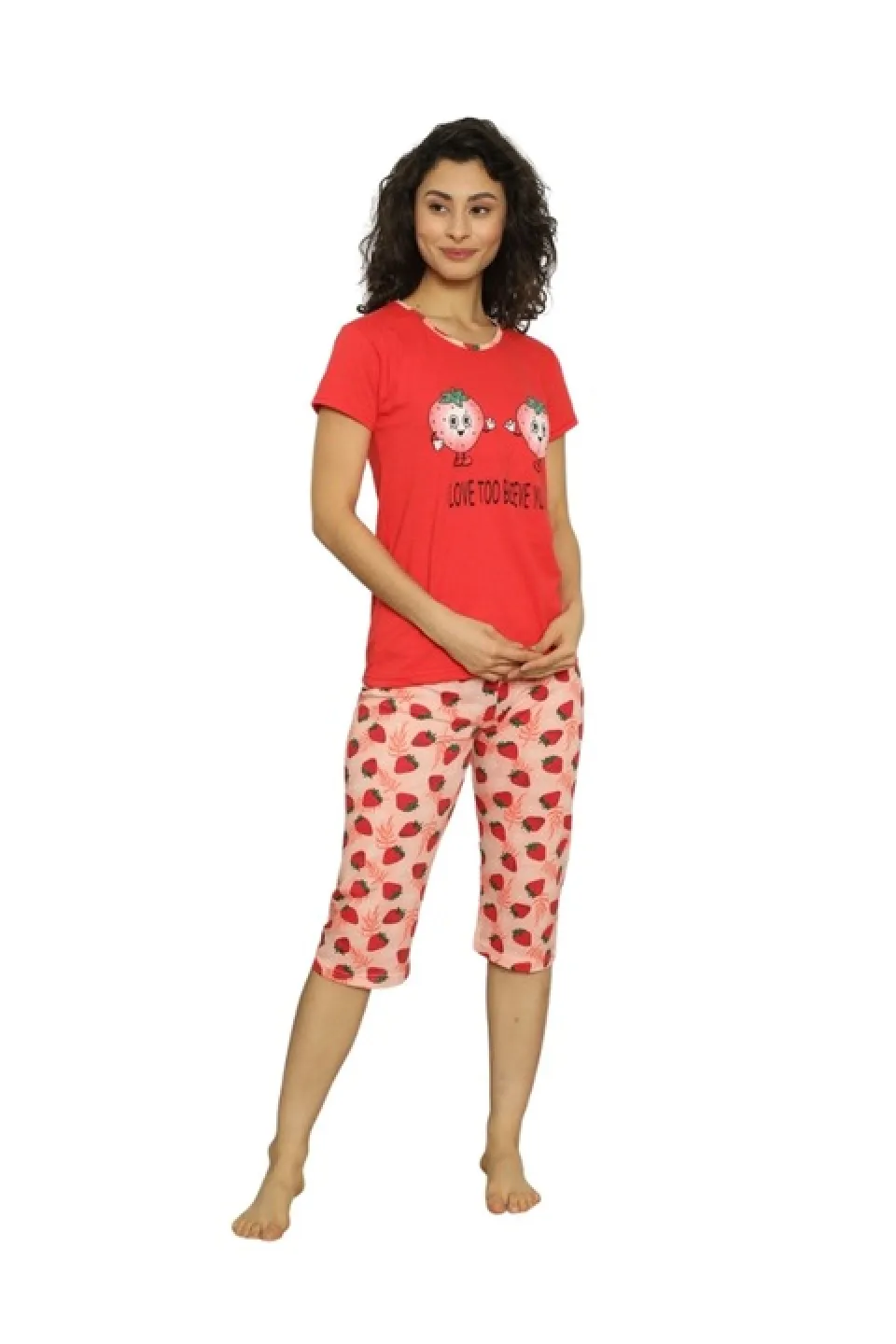 Pijama dama din bumbac, imprimeu capsuni, maneca scurta si pantaloni 3/4, rosu - 1