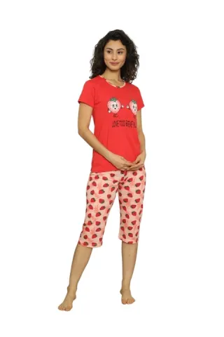 Pijama dama din bumbac, imprimeu capsuni, maneca scurta si pantaloni 3/4, rosu