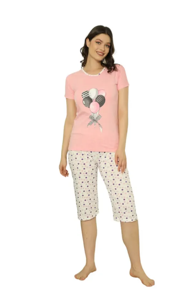 Pijama dama din bumbac, imprimeu cu baloane, maneca scurta si pantaloni 3/4, roz deschis