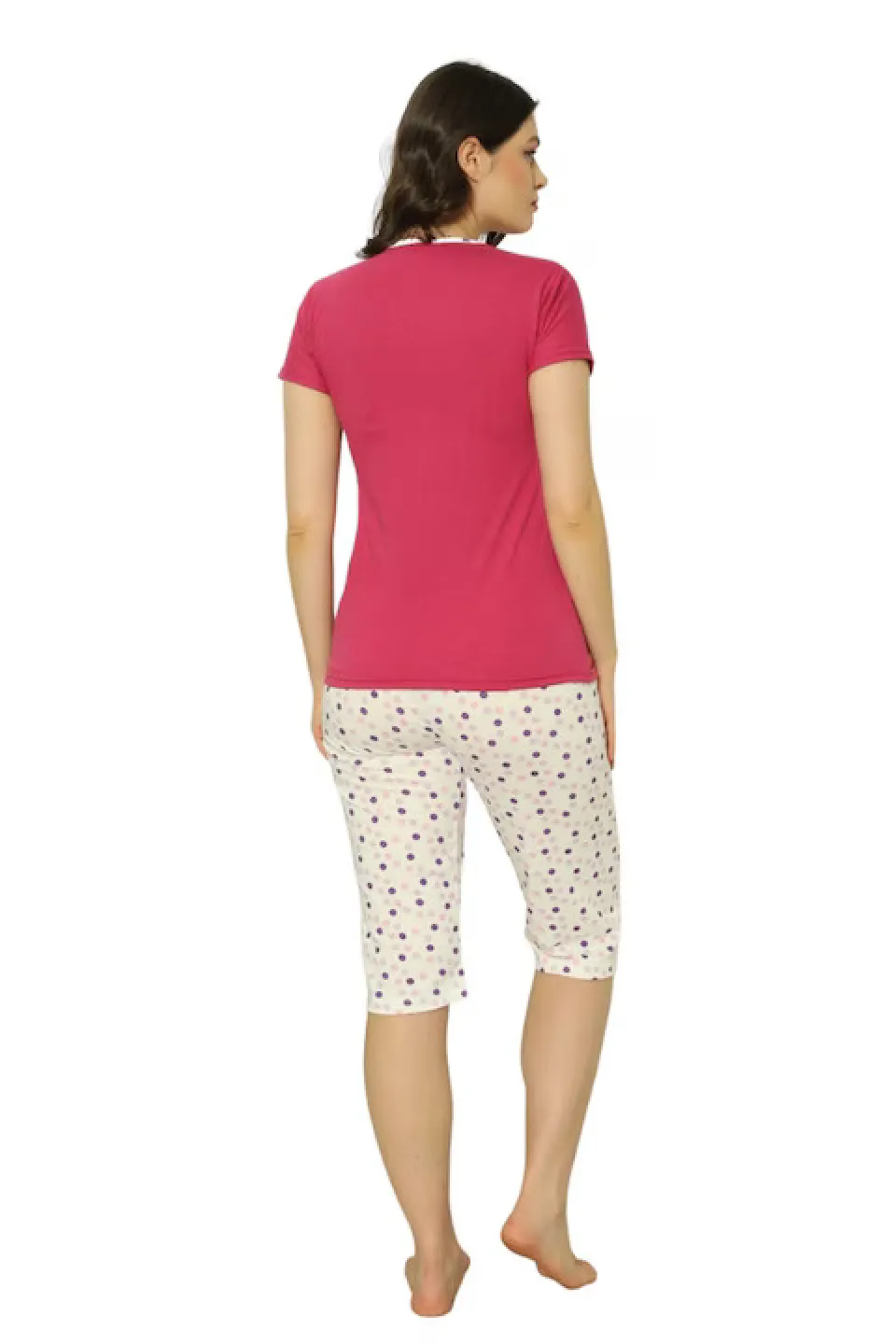 Pijama dama Big Size din bumbac, imprimeu cu baloane, maneca scurta si pantaloni 3/4, roz inchis - 2