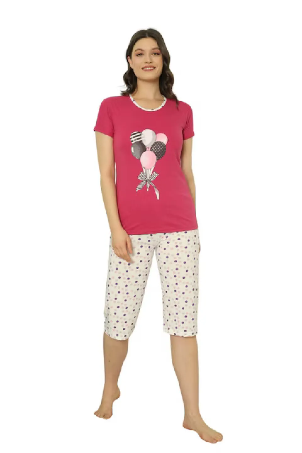 Pijama dama Big Size din bumbac, imprimeu cu baloane, maneca scurta si pantaloni 3/4, roz inchis - 1