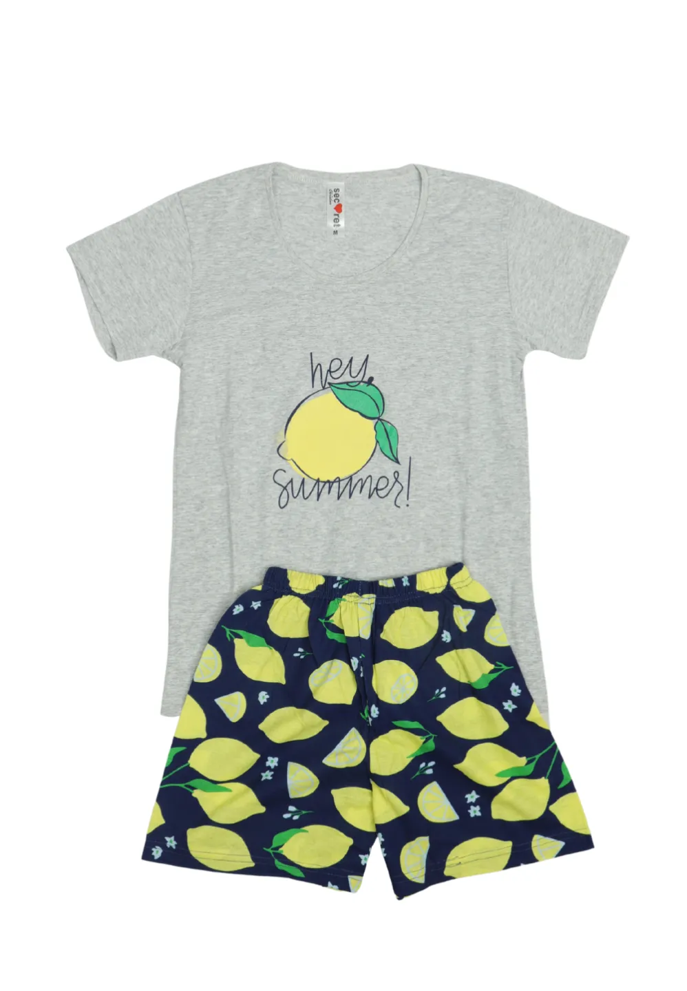 Pijama dama Big Size din bumbac, imprimeu ,,Hey Summer!'', maneca scurta si scurti, gri - 1