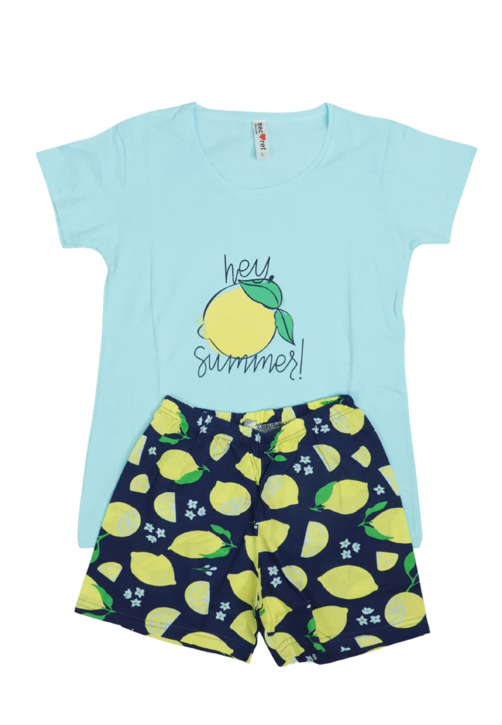 Pijama dama Big Size din bumbac, imprimeu ,,Hey Summer!'', maneca scurta si scurti, turcoaz - 1