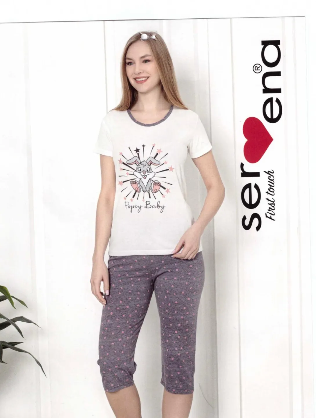 Pijama dama Big Size din bumbac, imprimeu ,,Popey Baby'' maneca scurta si pantaloni 3/4, alb - 1