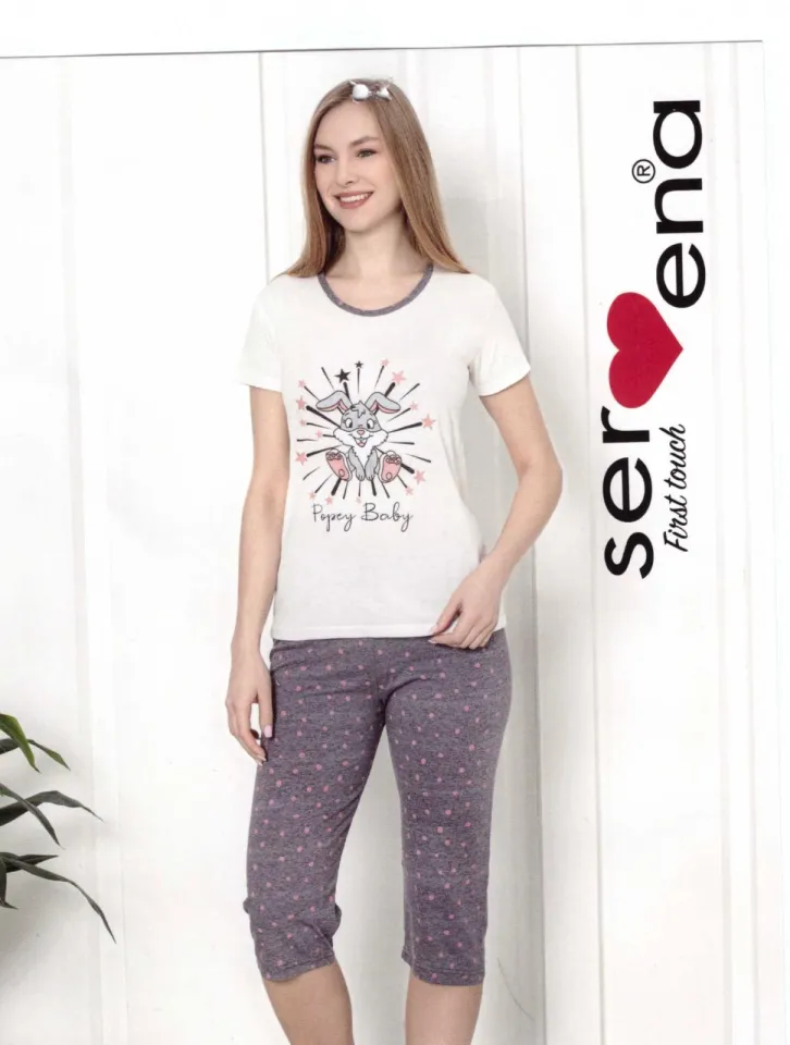 Pijama dama Big Size din bumbac, imprimeu ,,Popey Baby'' maneca scurta si pantaloni 3/4, alb