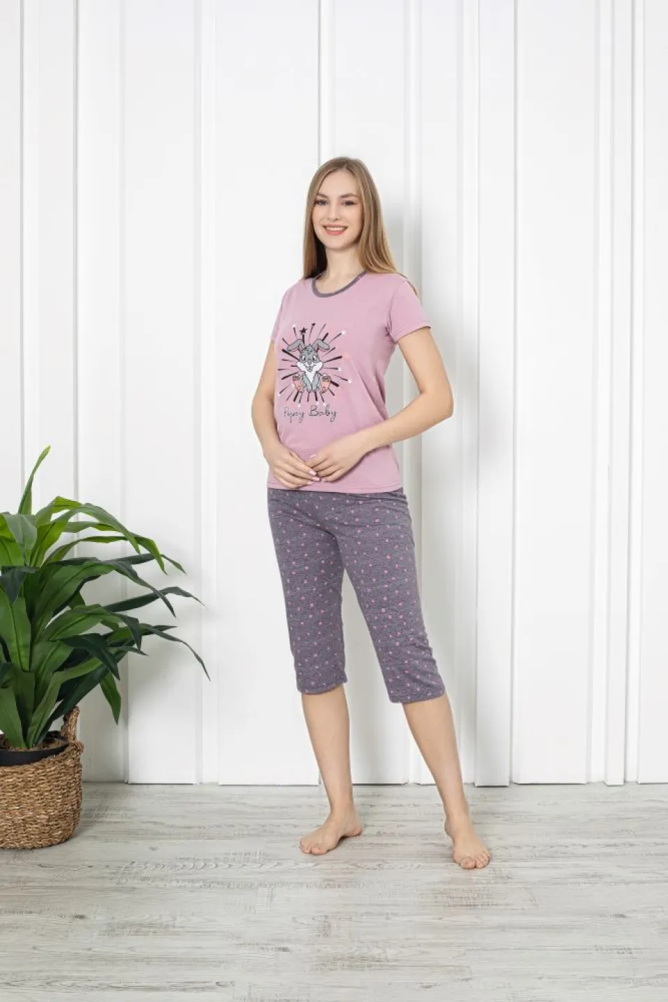 Pijama dama Big Size din bumbac, imprimeu ,,Popey Baby'' maneca scurta si pantaloni 3/4, mov - 1