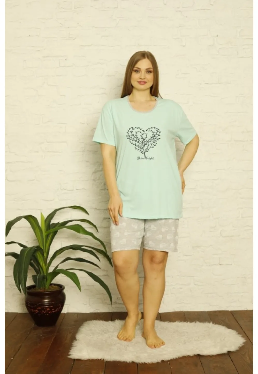 Pijama dama din bumbac, imprimeu ,,Shine Bright'', maneca scurta si pantaloni scurti, blue - 1