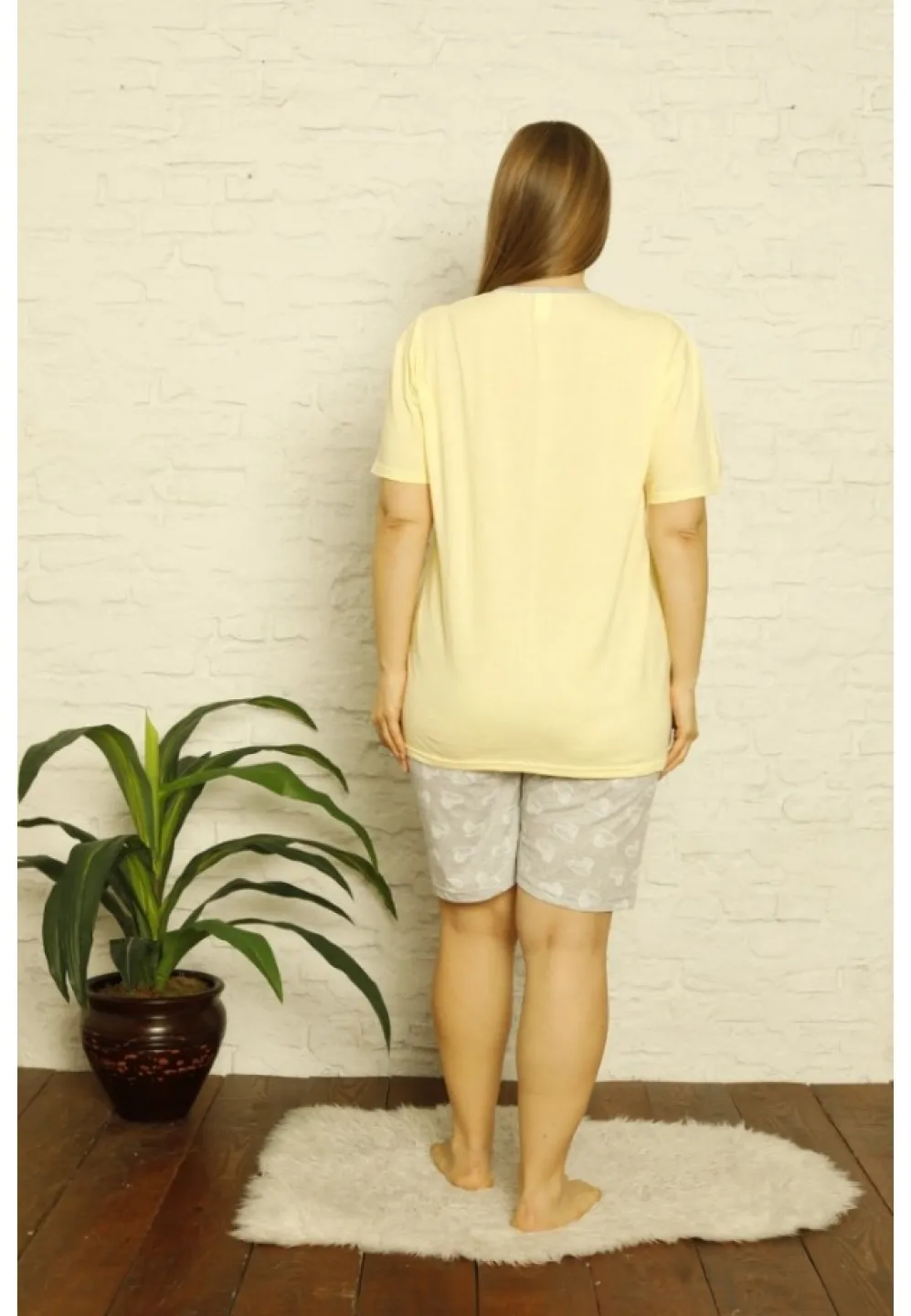 Pijama dama din bumbac, imprimeu ,,Shine Bright'', maneca scurta si pantaloni scurti, galben - 3