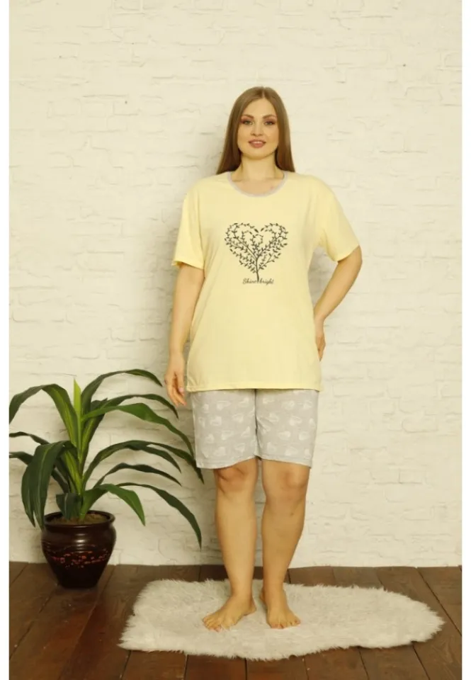 Pijama dama din bumbac, imprimeu ,,Shine Bright'', maneca scurta si pantaloni scurti, galben