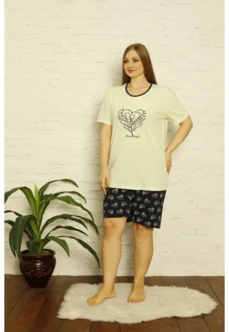 Pijama dama Big Size din bumbac, imprimeu ,,Shine Bright'', maneca scurta si pantaloni scurti, verde hover