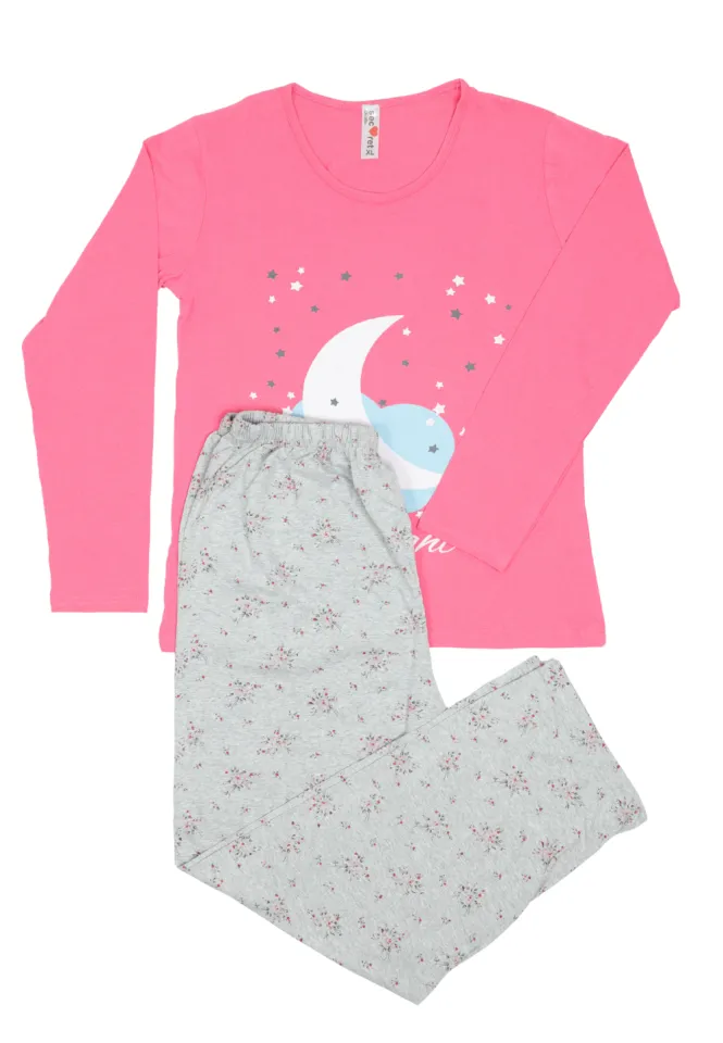 Pijama damă big size din bumbac mânecă lungă și pantaloni lungi