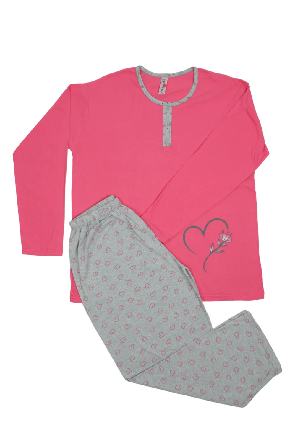 Pijama damă big size din bumbac mânecă lungă și pantaloni lungi - 1