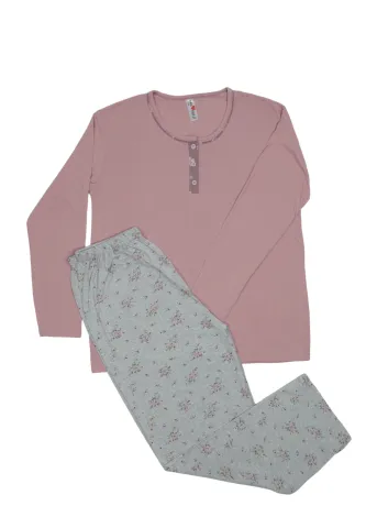 Pijama damă big size din bumbac mânecă lungă și pantaloni lungi