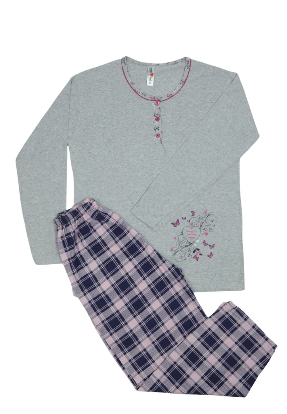 Pijama damă big size din bumbac mânecă lungă și pantaloni lungi - 1