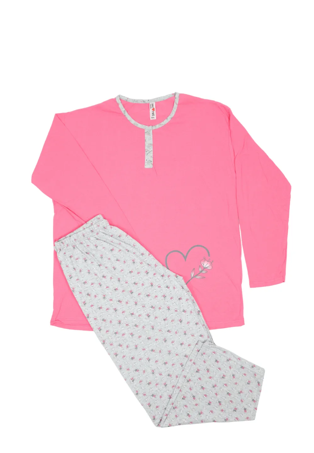 Pijama damă big size din bumbac mânecă lungă și pantaloni 3/4 - 1