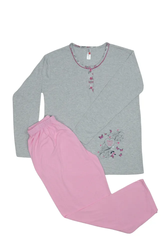 Pijama damă big size din bumbac mânecă lungă și pantaloni lungi