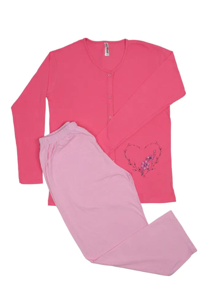 Pijama damă big size din bumbac mânecă lungă și pantaloni lungi