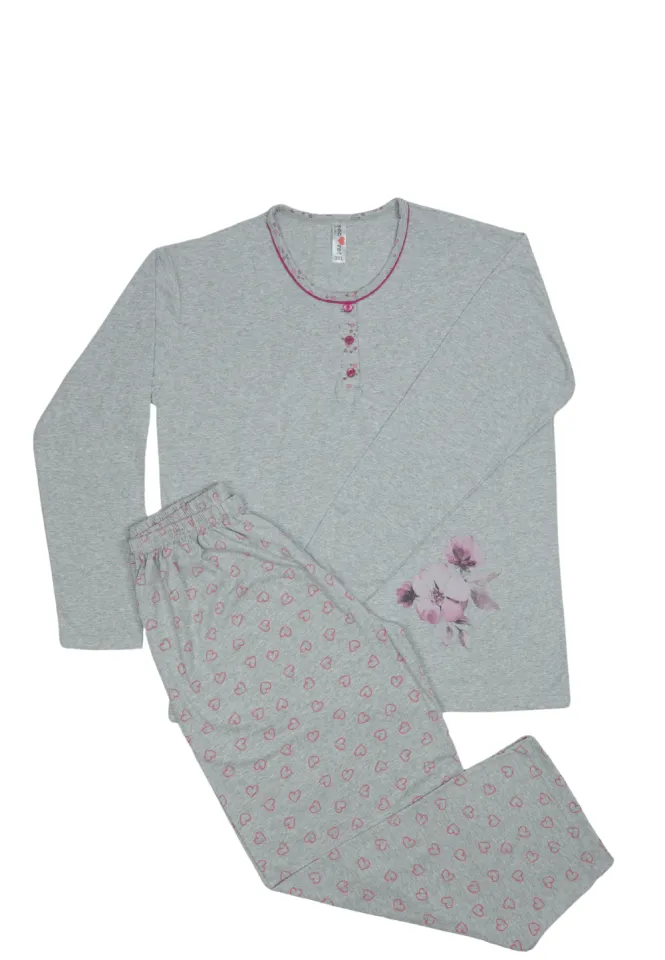 Pijama damă big size din bumbac mânecă lungă și pantaloni lungi