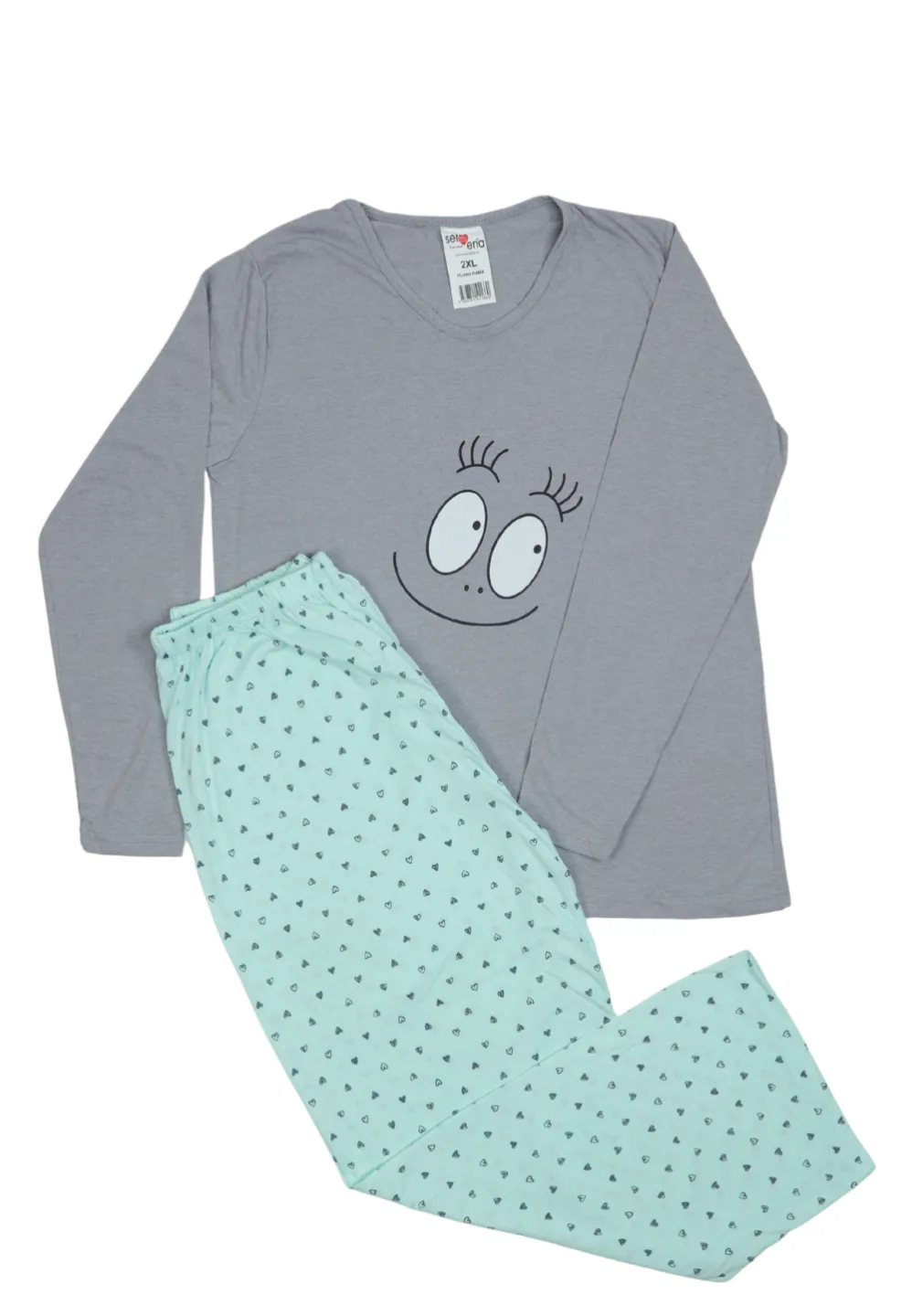 Pijama damă big size din bumbac mânecă lungă și pantaloni lungi - 1